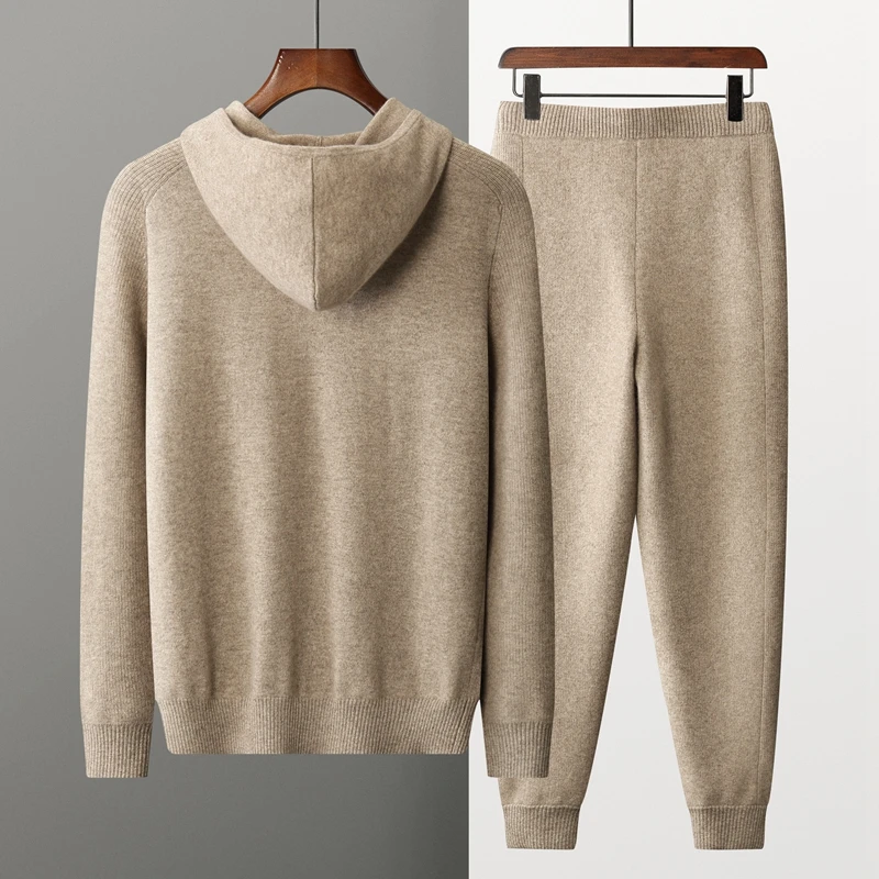 100% Cashmere Suit Men Hooded Zipper Cardigan Autumn Winter Knitted Two-Piece High Waist Trousers Fashion Solid Color Sweater