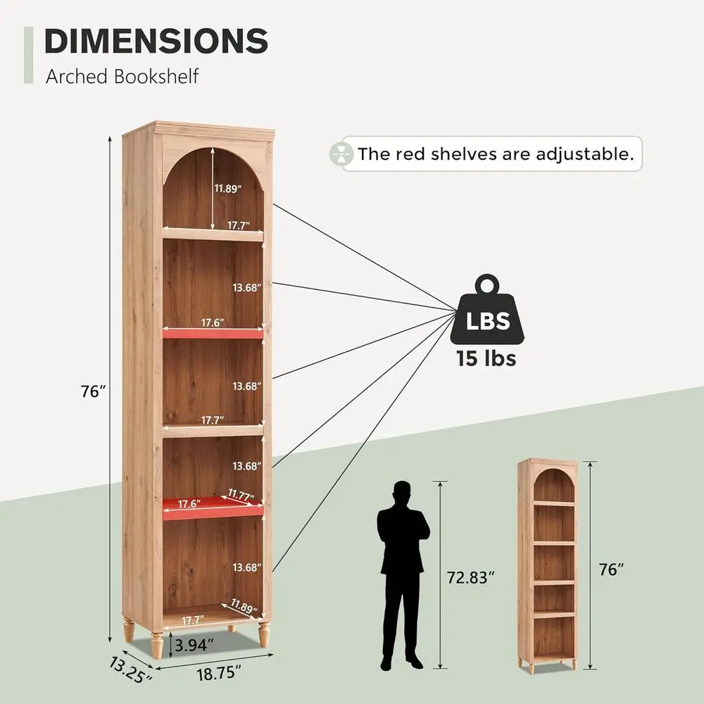 IGET 76" Tall Arched Bookcase, armhouse 5 Tiers Narrow Arched Bookshelnet with Adjustable Shelves, ern Wooden Book Shel w/Storag - view 2