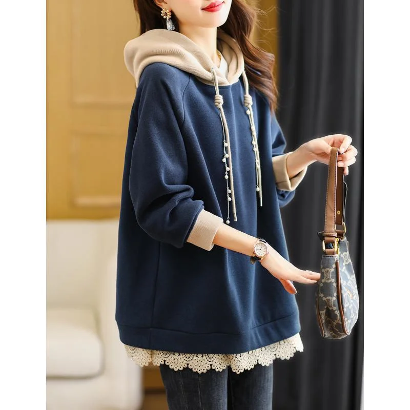 

Женская толстовка больших размеров с флисовой подкладкой, в стиле пэчворк, с кружевными вставками, свободного кроя, осенне-зимняя верхняя одежда в корейском стиле для повседневной носки