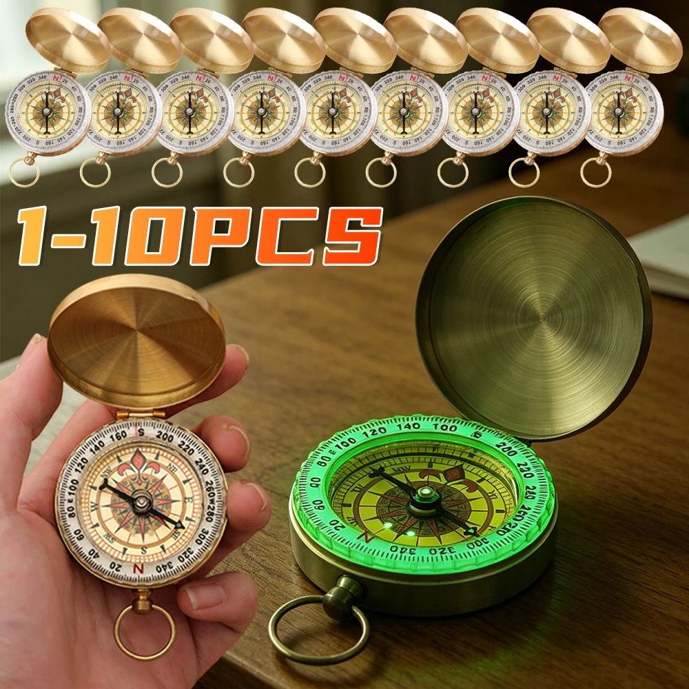 1-10X Brass Outdoor Compass - Gold Copper Portable Pocket Compass with Glow-in-the-Dark Display for Camping & Hiking Navigation