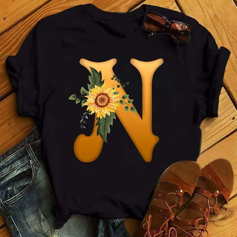 Maycaur Women's T Shirt Custom Name Letter Combination Print Tshirt Sunflower Letter Font A B C D E F G Short Sleeve Ladies Tops