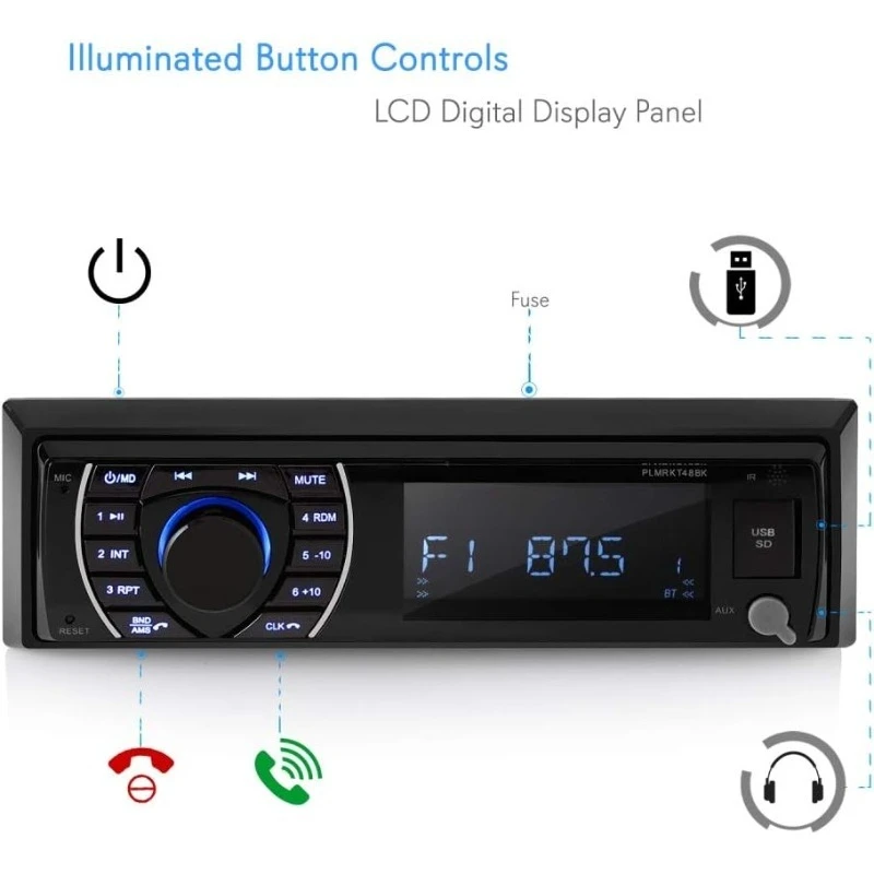 

Marine Head Unit Receiver Speaker Kit - In-Dash LCD Digital Stereo Built-in Bluetooth & Microphone w