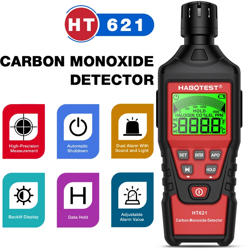 HT621 Carbon Monoxide Detector 0~5000ppm Professional High Precision CO Gas Tester Adjustable Alarm Value with LCD Backlight