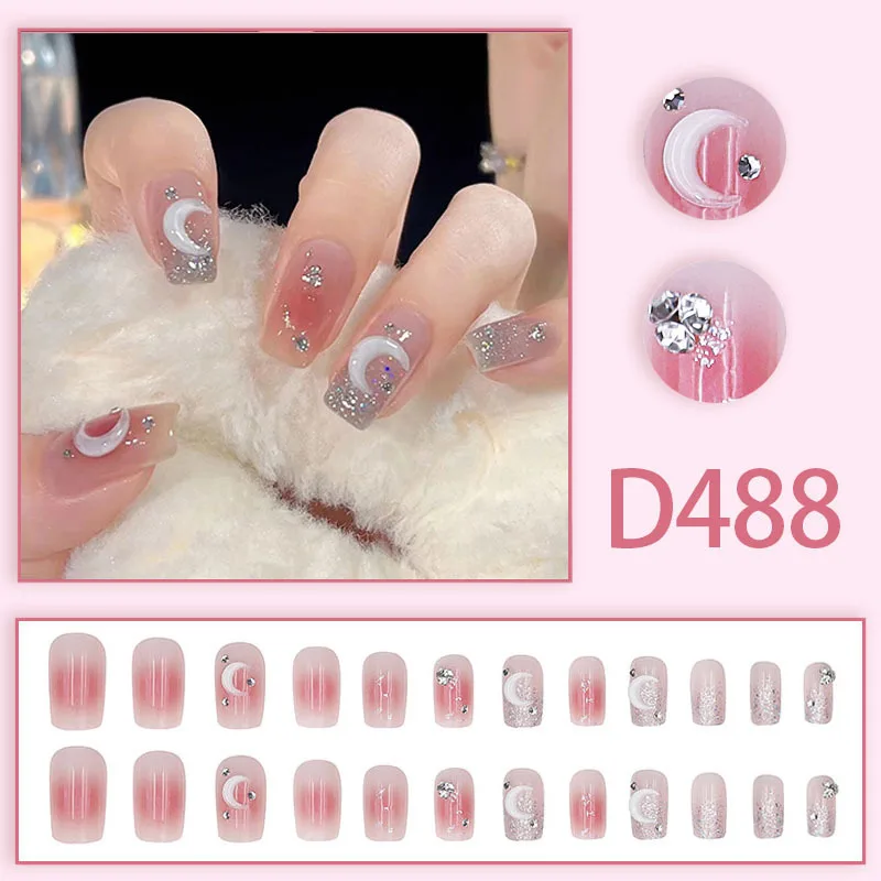 24 Pcs Pink Blush Holiday Press on Nails for Women Glitter Rhinestone False Nails with Glue 3d Moon Woman Aesthetic Nail Tips