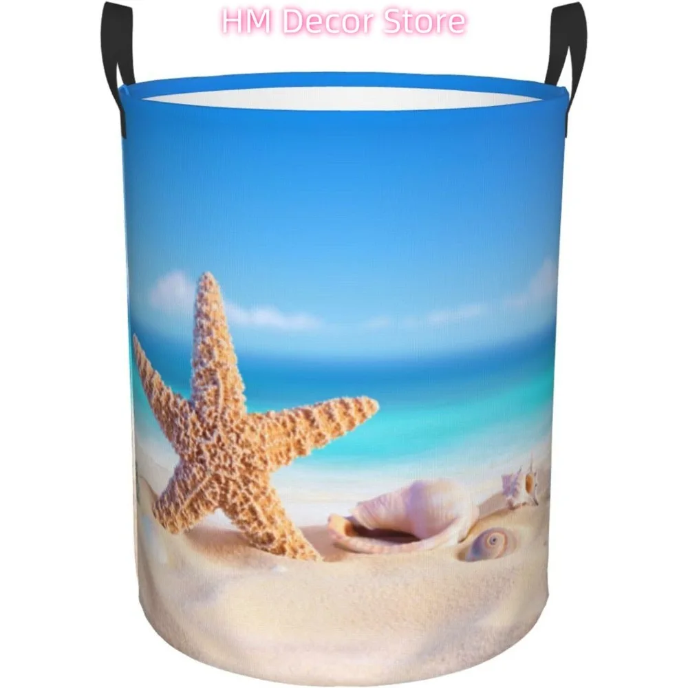 

Laundry Basket,Golden Sand with Seashell and Starfish Bathroom Organizer Basket Waterproof Foldable Cloth Hamper with Lining for