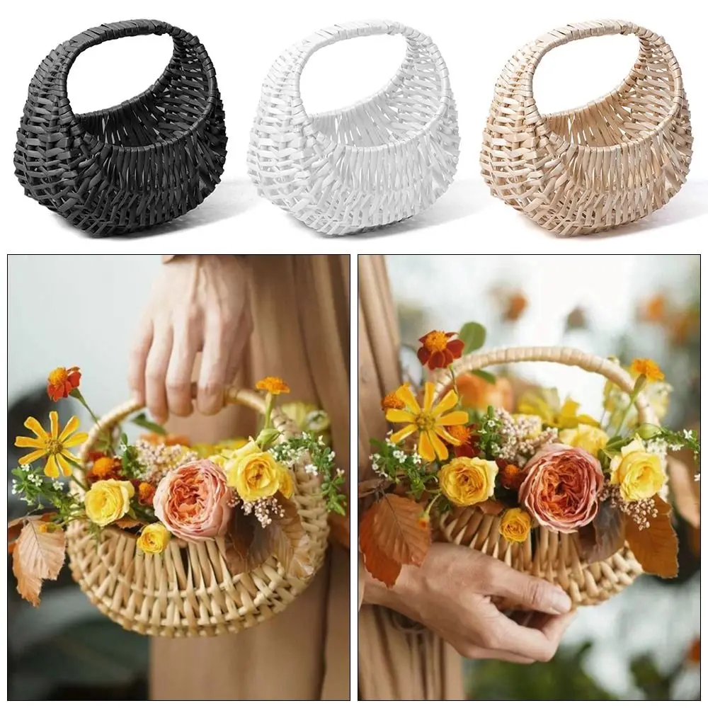 Durable With Handle Flower Basket Half Moon Hand-held Rattan Basket DIY Handmade Storage Container Home Decoration