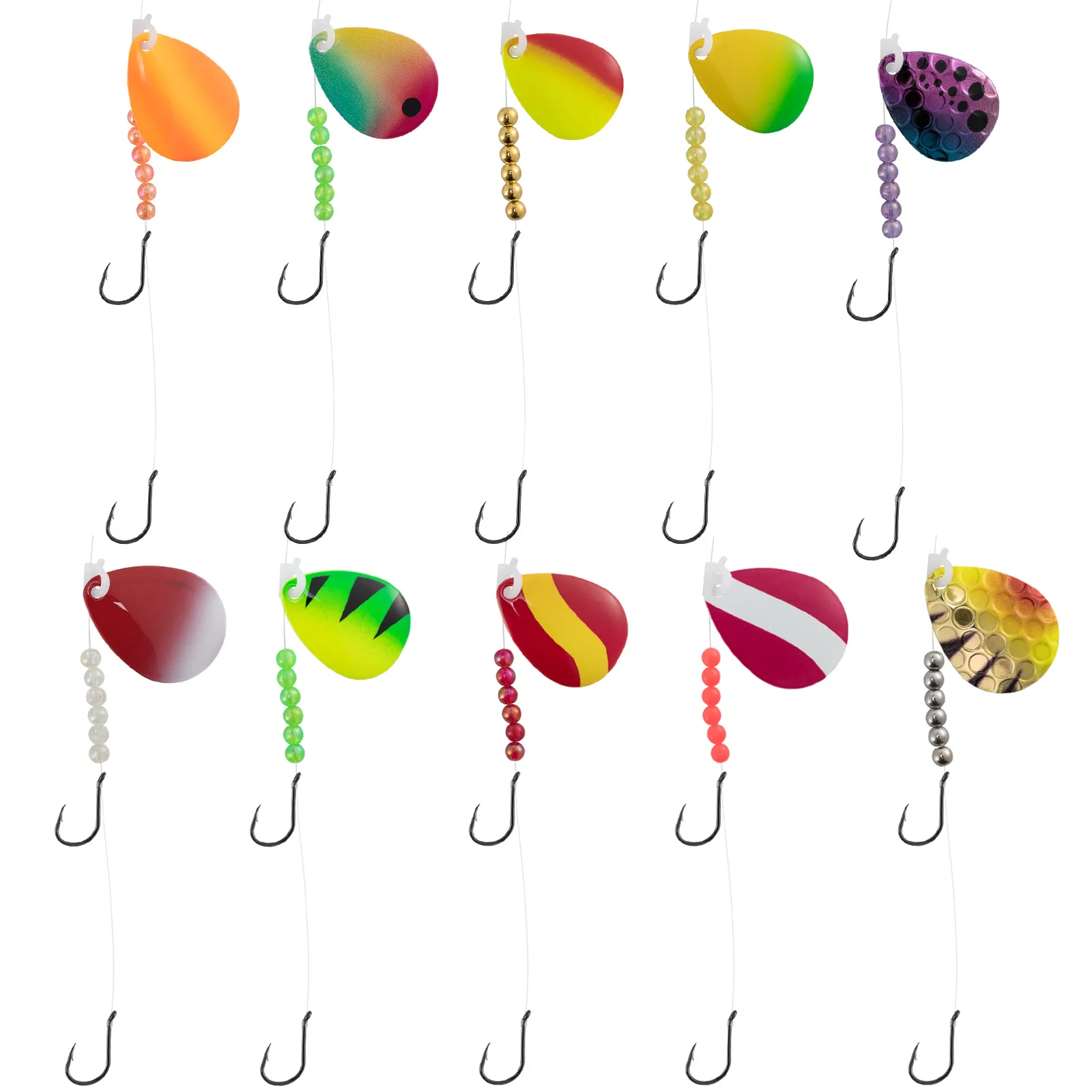 10 Peças de Rig de Pesca com Spinner para Walleye, 114cm, 15LB, com Linha Monofilamento para Pesca de Surf, Anzóis Octopus com Lâmina Colorado, Arnês Crawler e Rig para Isca Viva
