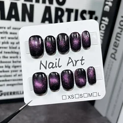 10Pcs Black Handmade Press On Nails Short Round Head Cat Eye Design Full Cover Fake Nails Artificial Wearable Manicure Nail Tips