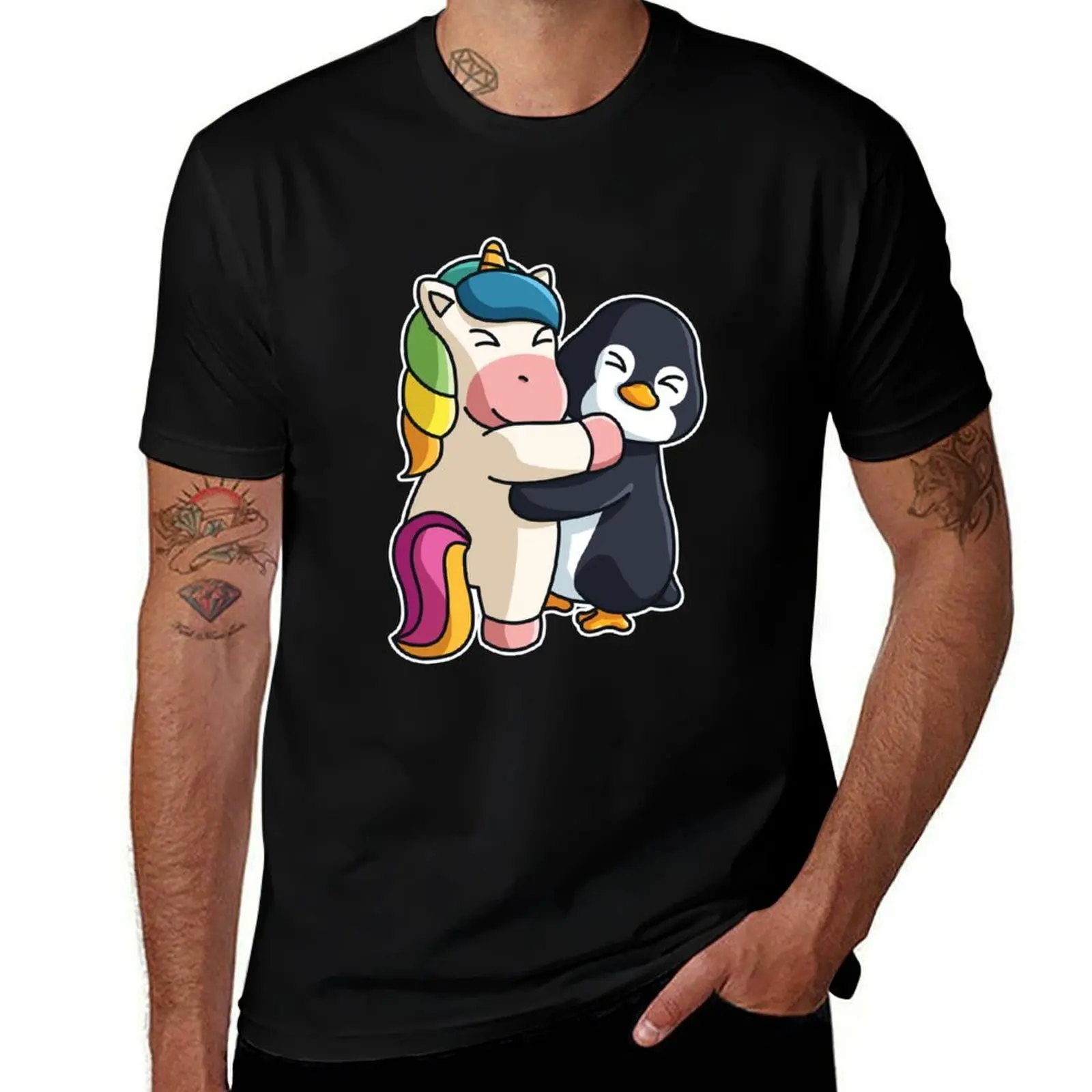Unicorn hugging Penguin Hug Cuddle Animals T-Shirt Casual Streetwear Short Sleeve Tee