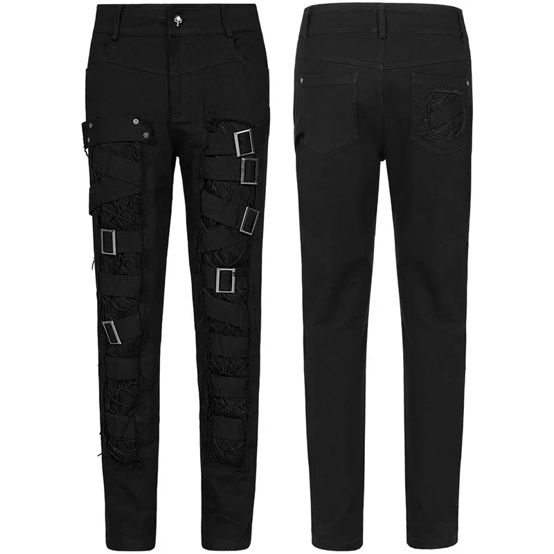 PUNK RAVE Men\'s Punk Slim Fit Decadent Trousers Handsome Tattered Cotton Gothic Daily Twill Woven Casual Pencil Pants Streetwear