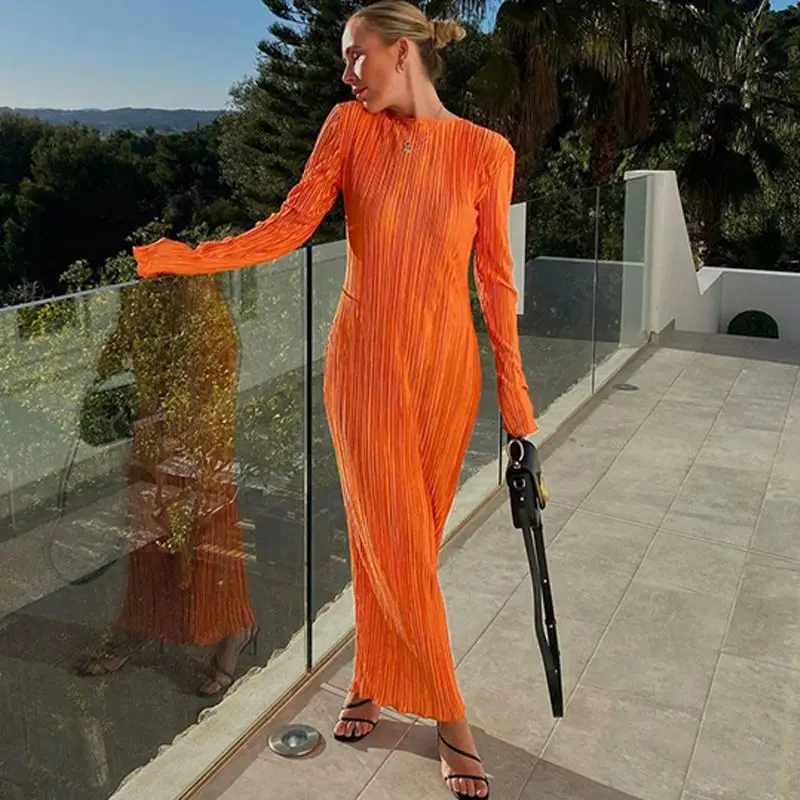 

2024 Summer New Sleek and Casual Solid, Crew Neck Long Sleeve Slim Fit Dress