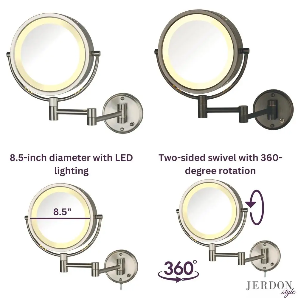 

LED Lighted Wall-Mounted Makeup Mirror with 8X Magnification, Nickel Finish, Direct Wire Installation Option