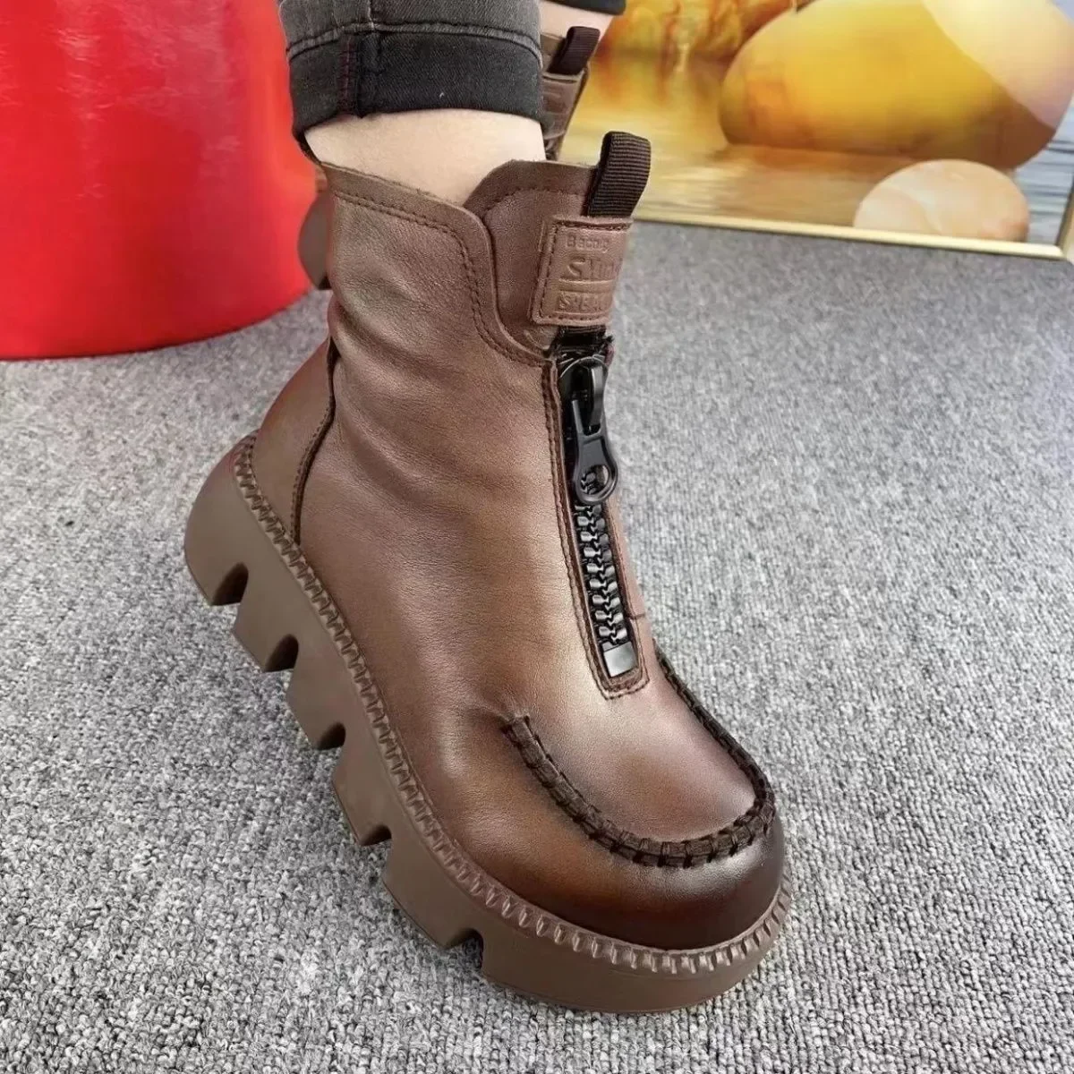 Soft Leather Women's Ankle Boots 2024Autumn/winter New Cotton Boots Retro Platform Motorcycle Boots Platform Heel