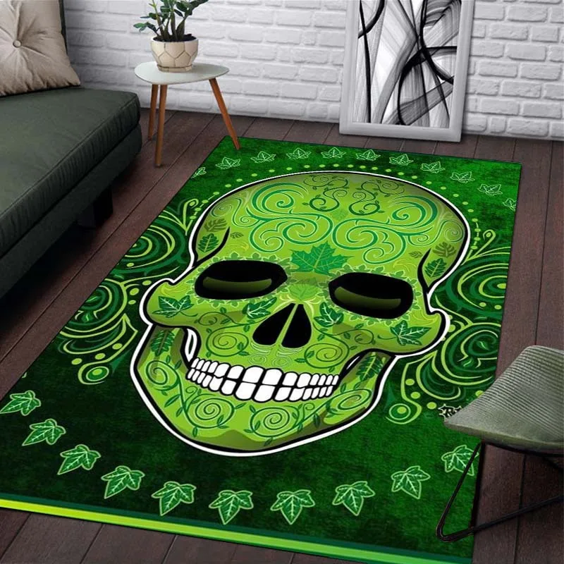 

Green Skull Rug for Gothic Decor - Intricate Leaf Pattern Design Carpet Perfect for Halloween or Dark Aesthetic Rooms