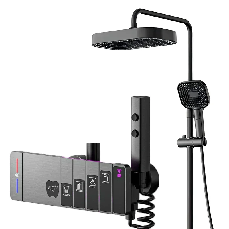 Creative copper shower set home intelligent digital display temperature LED light bathroom pressurized nozzle shower system set