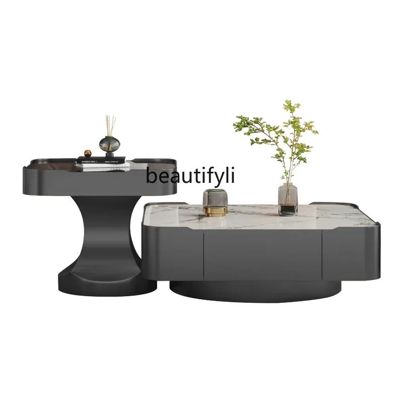 cqyLight luxury rock plate coffee table Italian minimalist small apartment living room square high-end stainless steel edge tabl