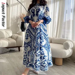 Summer Runway Blue and White Porcelain Long Dress Women O-Neck Flare Sleeve Floral Print Bohemian Side Split Loose Robe Vestidos