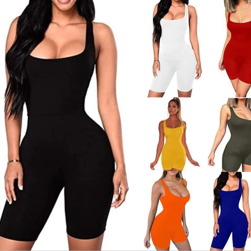 

2022 Sexy Women Sleeveless Romper Jumpsuit Bodycon Bodysuit Slim Fit Sports Short Pants Clubwear Backless Biker Shorts Playsuit