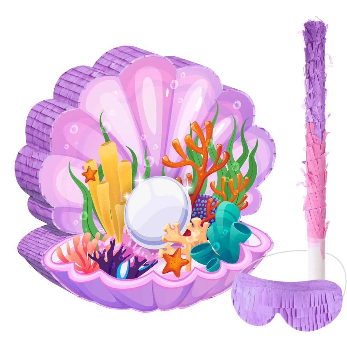 1Set Ocean Shell Theme Pinata Bundle with Blindfold Stick for Kids Girl Birthday Baby Shower Party Decoration