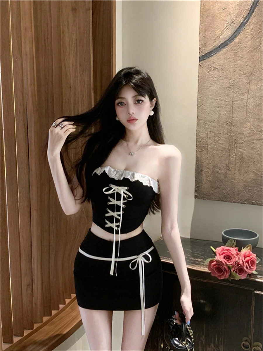 Conjunto de Dos Piezas de Top Corto con Encaje Sexy y Falda Corta para Mujer, Atuendo Ajustado sin Mangas con Lazo de Maripos...