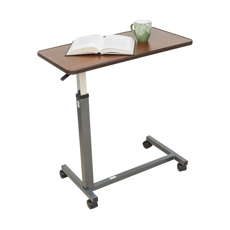 

Height Adjustable Automatic Overbed Table Woodgrain Top with Locking Wheels, Perfect for Hospital and Home Use Table for Easy Ac