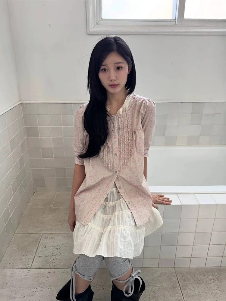 

Korean Style Ruffle Collar Doll Shirt Women's Summer Top Cotton Bubble Sleeve Floral Print Loose Fit Seven Quarter Sleeve