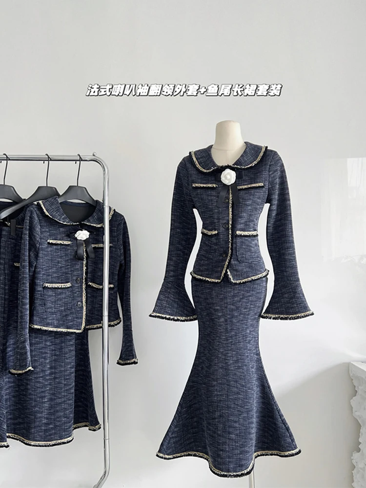 

Formal Occasion Outfits 2 Piece Skirt Set Turn-Down Collar Luxury Cardigan Flare Sleeve+Office Lady Mermaid Skirt Autumn Winter