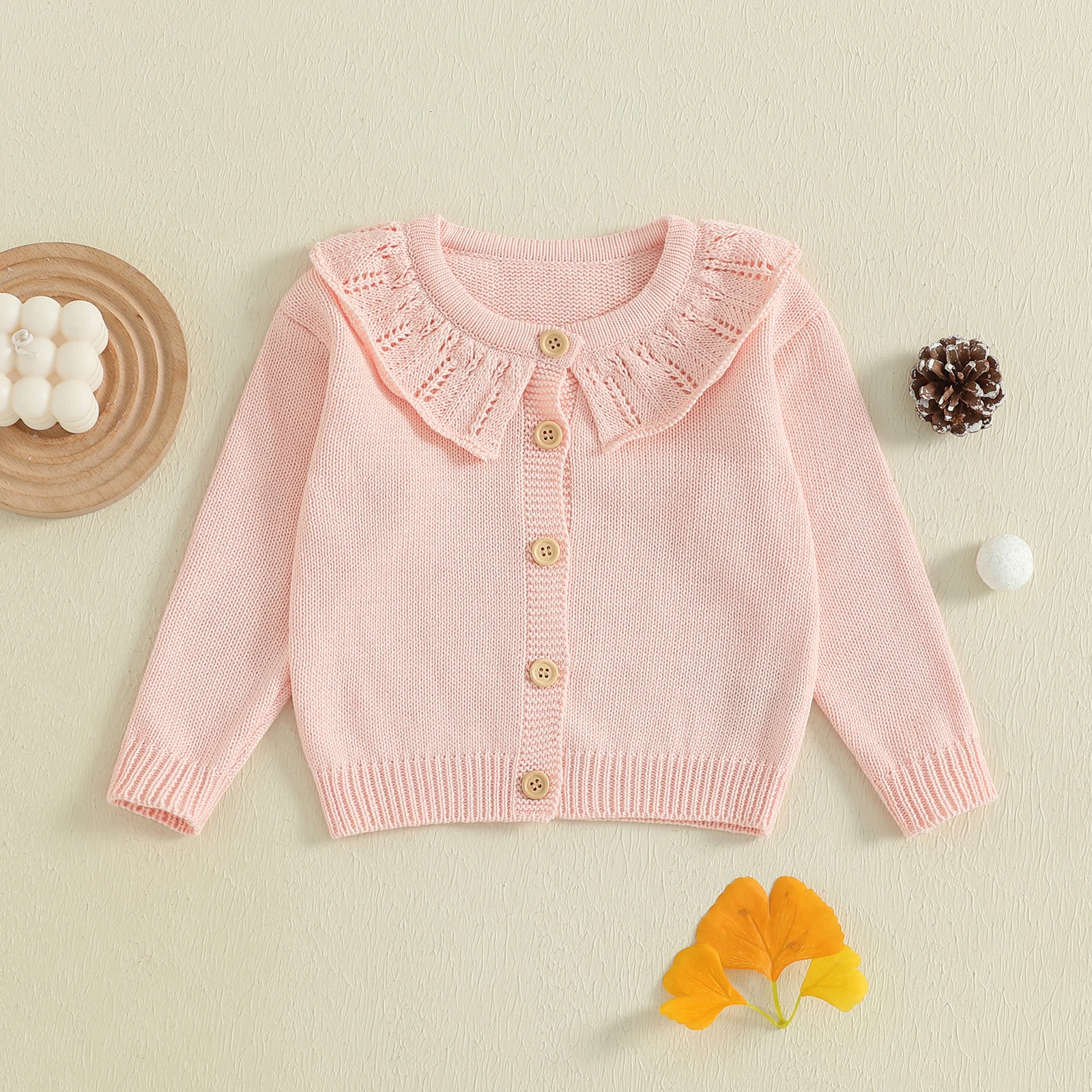 

VISgogo 1-4 Years Toddler Baby Girls Knit Sweater Solid Color Ruffled Crew Neck Long Sleeve Button Cardigan Tops