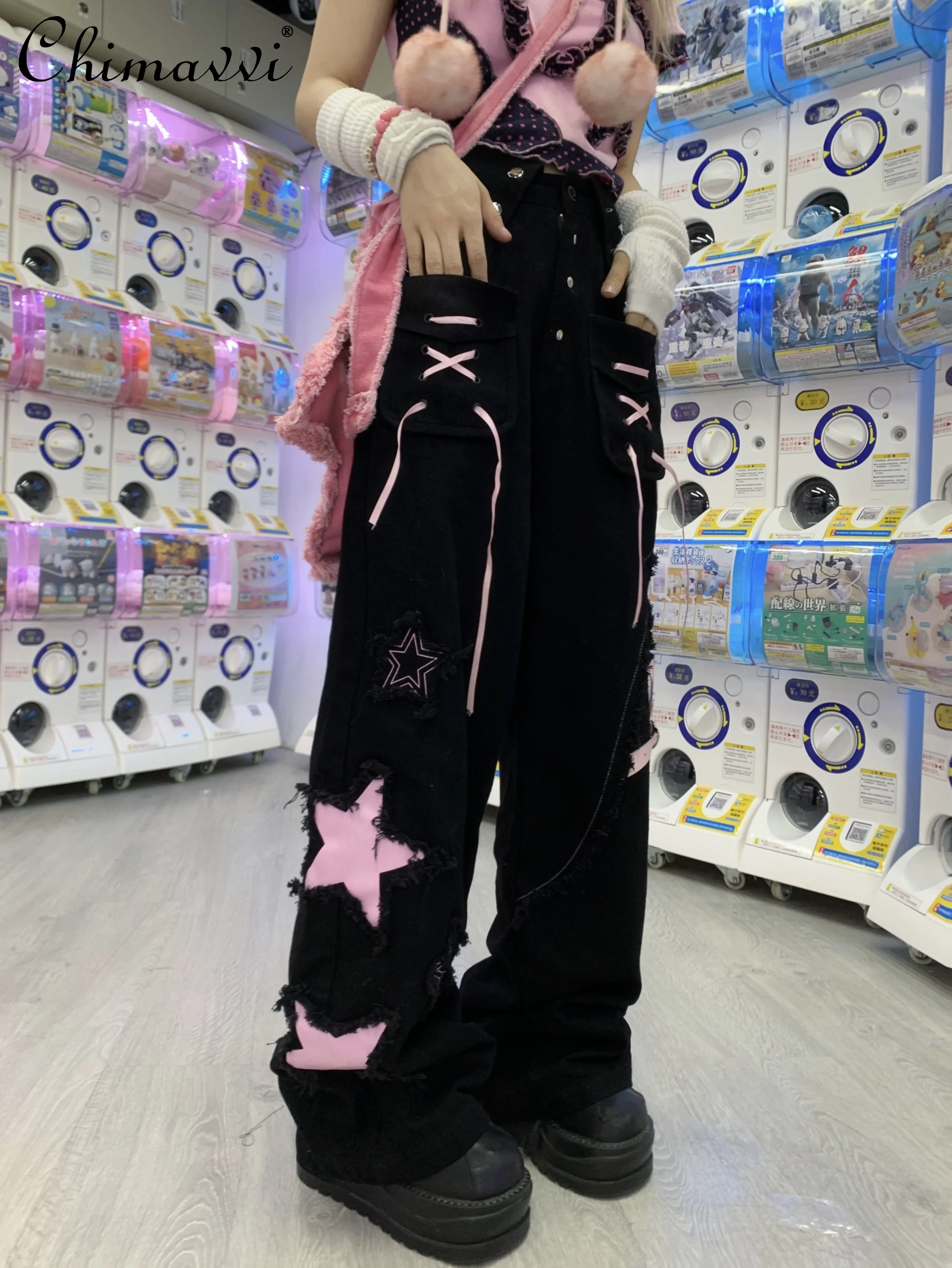 

Оригинальный звездный дизайн, потертый край, субкультура, песня, костюмные брюки, милые крутые свободные широкие брюки с высокой талией для девочек, узкие джинсы