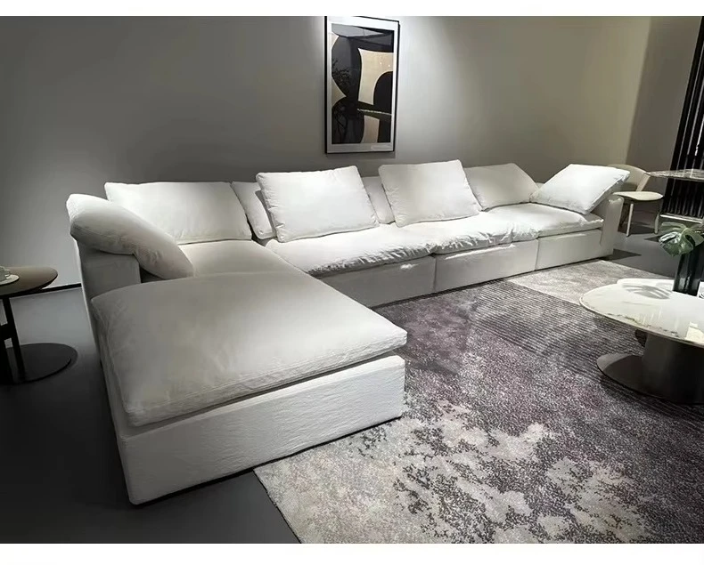 //White 7 Seater Modular Sectional Sofa Set Living Room Furniture Modern Lazy Cloud Sofa Minimalist L Shape Cotton Linen Fabric