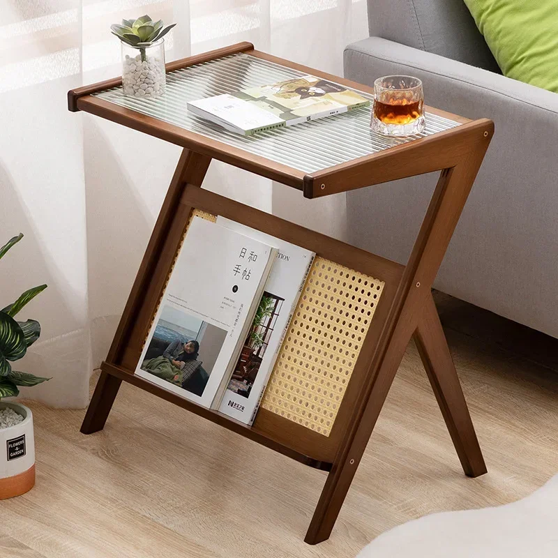 

Bamboo Coffee Table, Compact Z Shape Bed Table, Glass Top Side Table, Breathable Back Panel Furniture，Contemporary Accent Table