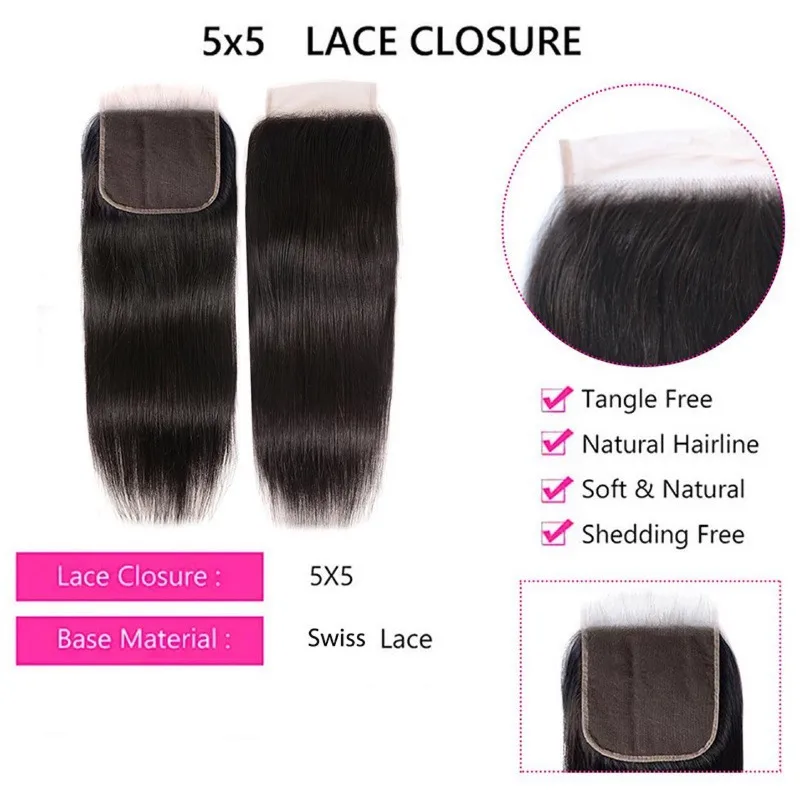 5x5 Lace Closure, glattes Echthaar, natürliche Farbe, vorgezupft, gebleichte Knoten, Haarteil für Frauen, schützender Stil, für den täglichen Gebrauch ﻿ – Detail 6