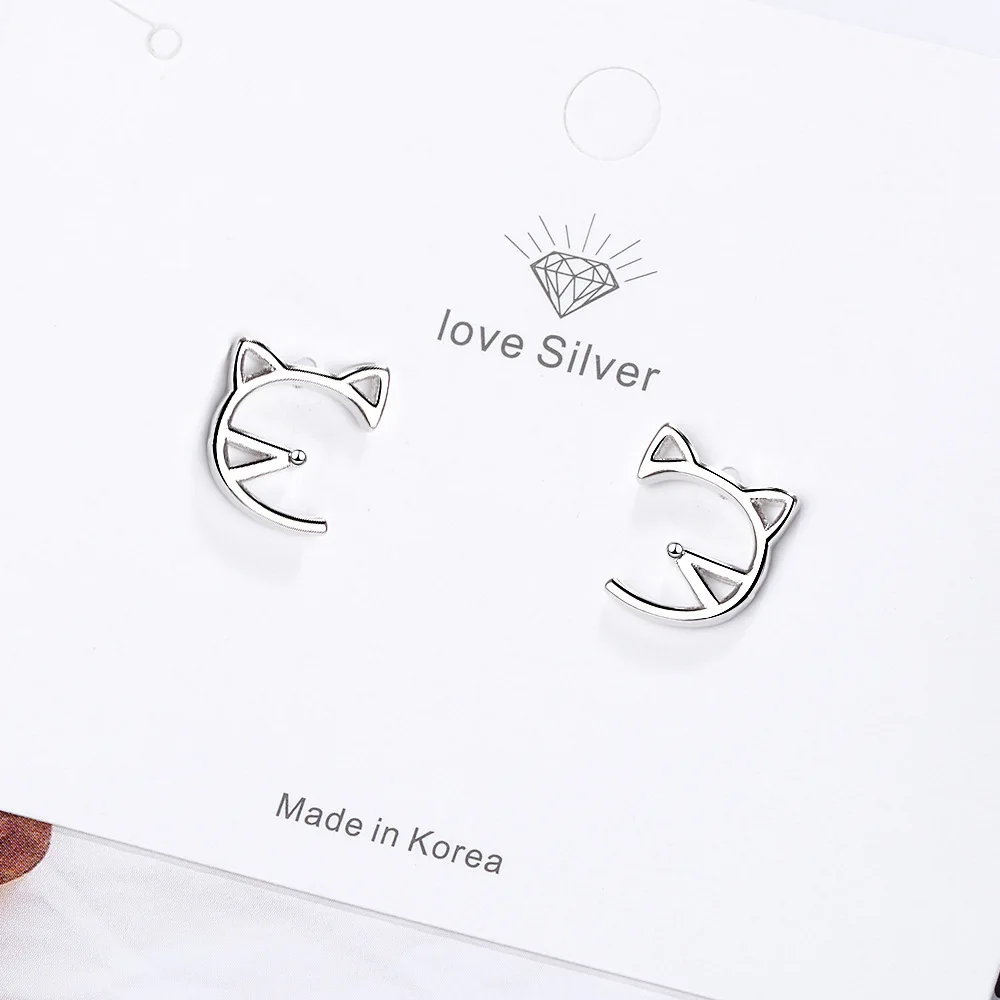 925 Sterling Silver Cut Cat Ear Stud Earrings For Women School Girls Wedding Gift Personalise Jewelry Bijoux