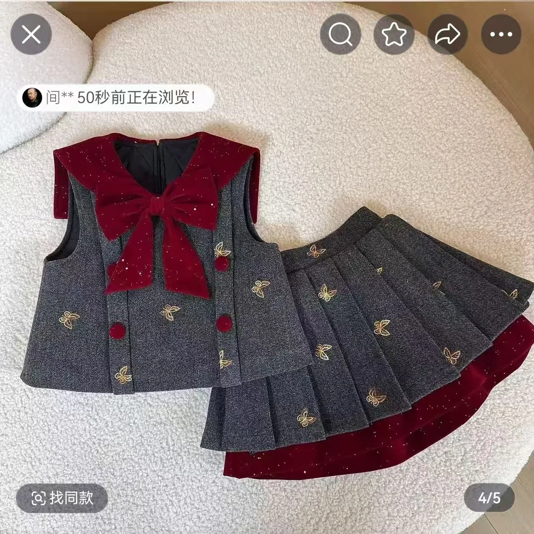 Autumn Winter Clothing Sets 3PCS Thick Warm Elegance Vest+Pleated Skirt+Knit Sweater Girls School Suit Kids Fashion Kids Costume
