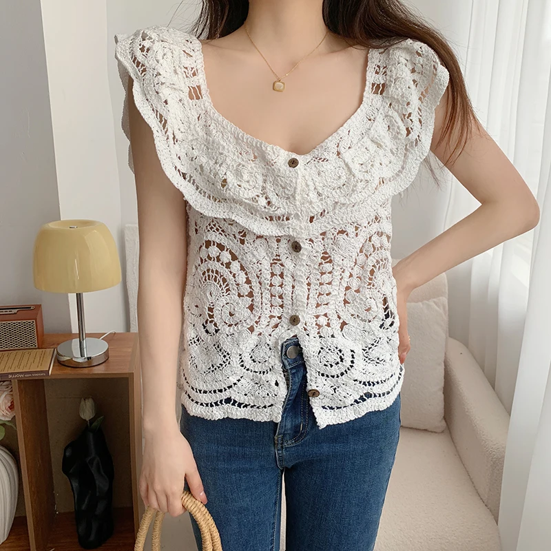 Ladies Puff Sleeve Vintage Lace Crop Top Women Summer New Fashion Casual Female Elegant T-shirt Cheap Wholesale 2