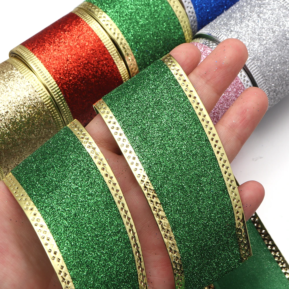 5 m/Rolle 3,8 cm glänzendes Glitzer-Weihnachtsband, handgemachte Schleifen, Geschenkverpackungsband, DIY-Weihnachtsbaum, Festdekoration für Partys – Detail 6