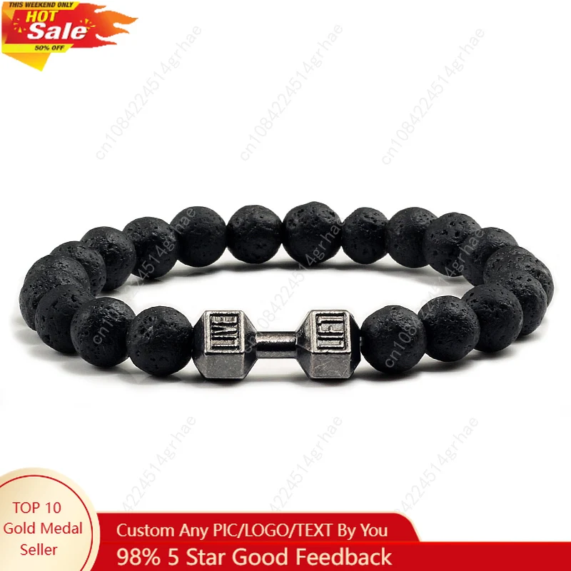 

Natural Volcanic Stone Bracelet Men Matte Black Lave White Beads Charm Dumbbell Strand Bracelets Women Barbell Fitness Jewelry