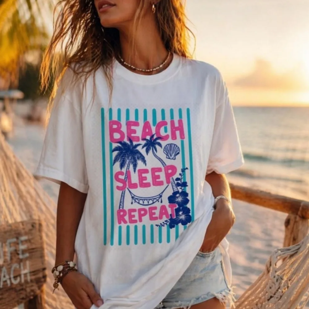 Beach Sleep Repeat Shirt Tropical Palm Tree Graphic Tee Coastal Summer Vacatio Women Harajuku Print T Shirts O-neck Color Print