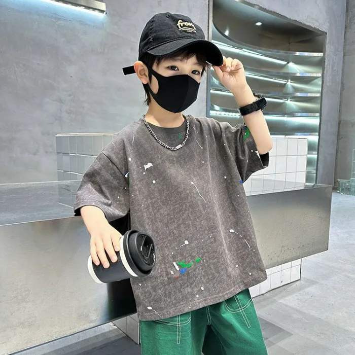 

2025 Children's Clothing Summer Style Children's Short Sleeved Niche Splashed Paint Tie Dye Short Sleeved T-shirts Trendy Style
