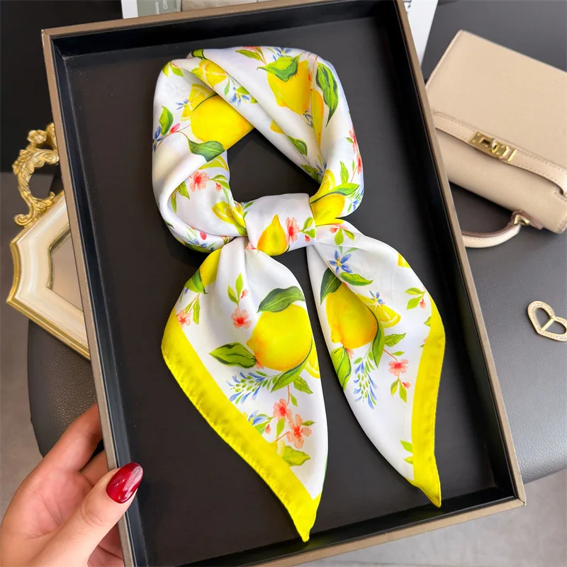 

Luxury ​​Women's Summer 70x70cm Square Silk Scarf Lemon Printed with Flowers Scarves Hair Band Yellow Shawl Bandana Hijab Wrap