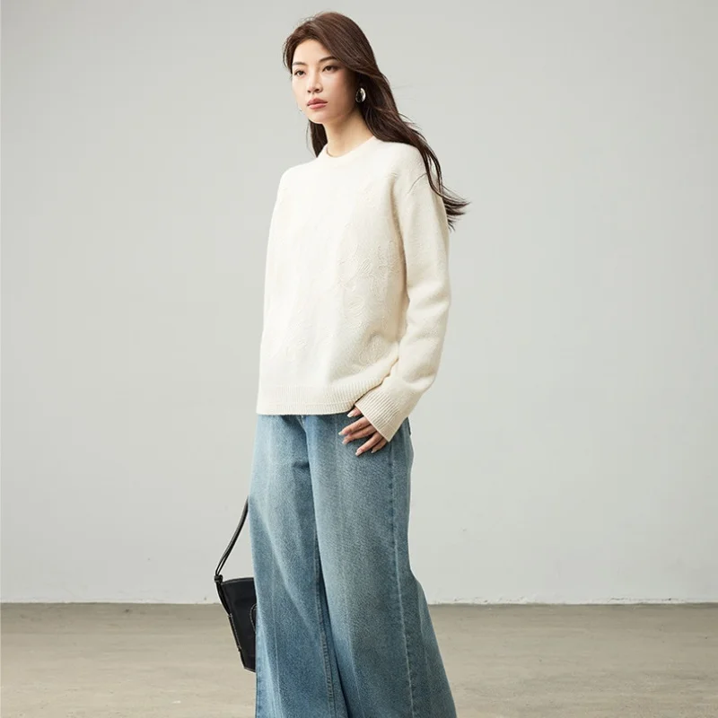 버드트리, 100% 양모 자카드 니트 스웨터, 여성용 O넥 긴팔 루즈 니트웨어, 2025 가을 화이트 풀오버 T59012JF