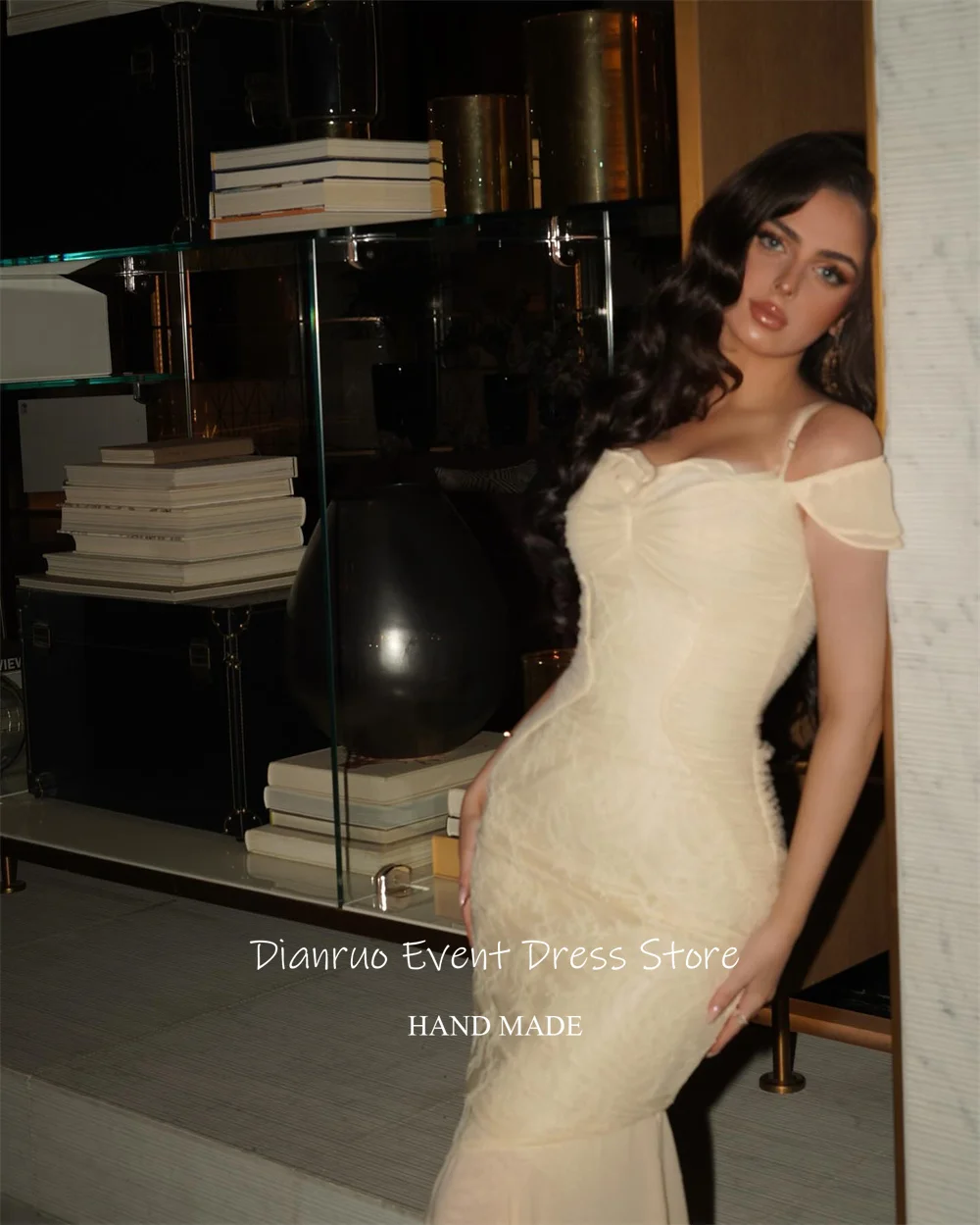 Dianruo ลูกไม้ Ruffles ชุดราตรี Appliques Mermaid Vestidos De Noche Elegant ข้อเท้าความยาวปิดไหล่ฤดูร้อนชุดที่กําหนดเอง