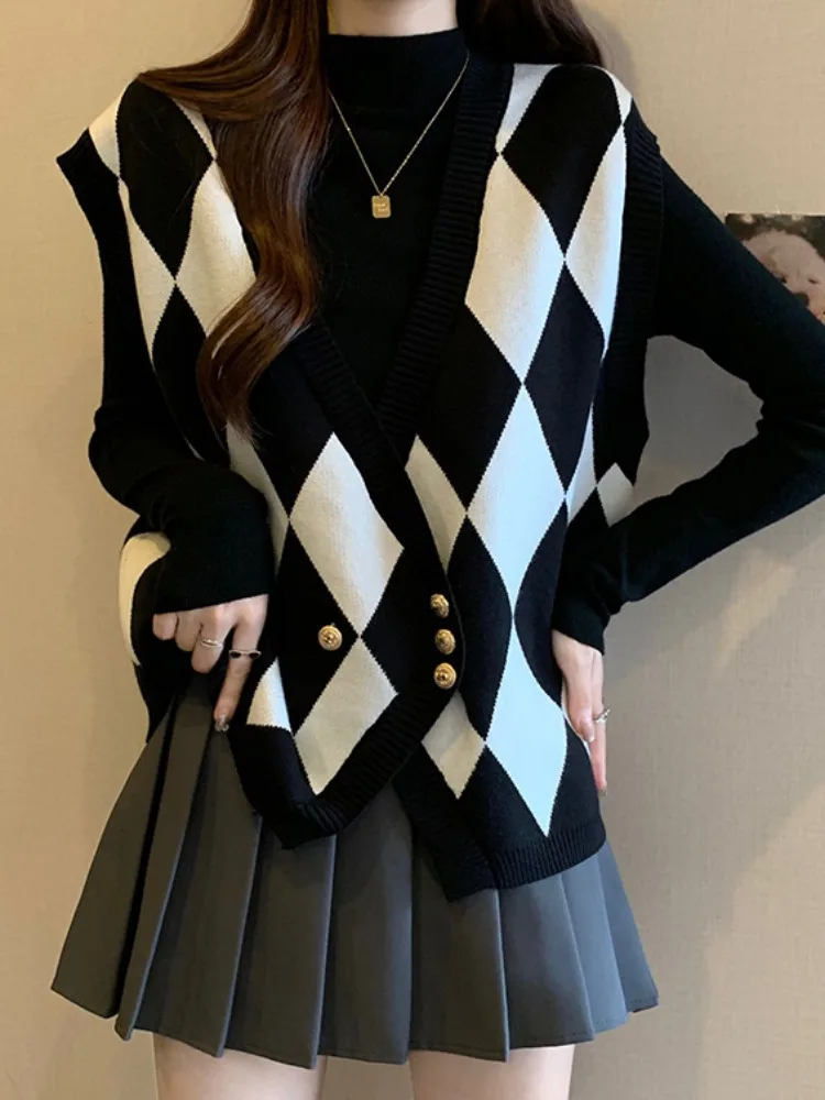 

Комплект из двух предметов: корейский многослойный вязаный жилет больших размеров и модный топ для женщин, весенний, стройнящий, скрывающий недостатки фигуры