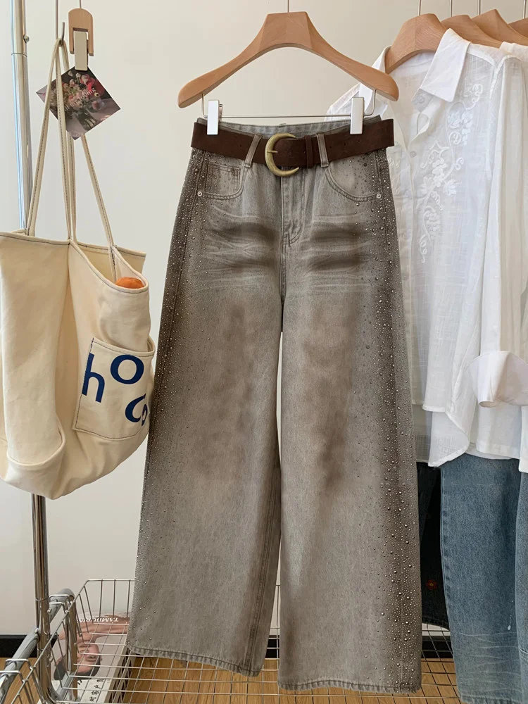 

American Style Glittering Rhinestone Denim Pants High Waist Wide Leg Straight Cut Slimming Versatile Women's Jeans Casual Wear