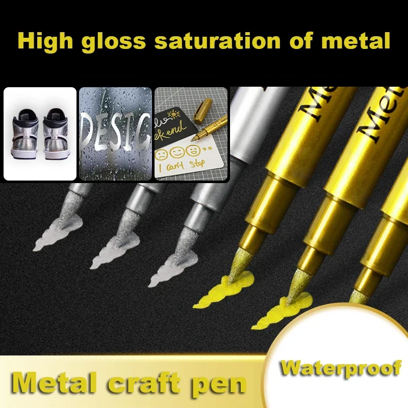 Imagem -06 - Escova Canetas Marcadoras Metálicas Ouro Prata Cor Marcador de Arte Permanente para Mangá Artesanato Scrapbooking Material de Papelaria Escolar 1pc