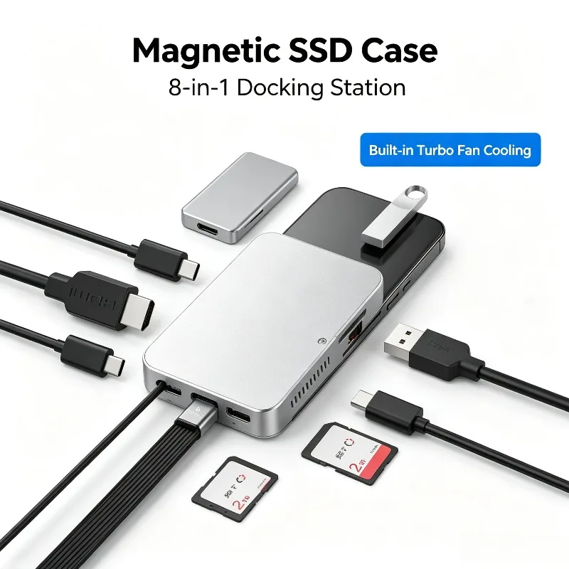 M.2 Magnetic Docking Station NVME SSD Enclosure Multi-functional HDMI HD USB3.2 Hub Splitter with Cooling Fan