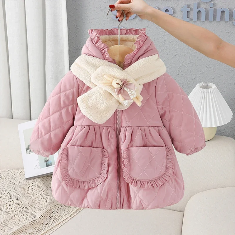 

2024 Korean New Baby Girls' Clothes outerwear Kids Winter Cotton-Padded Jacket Fleece-Lined Warm-Keeping Children Coat with Neck