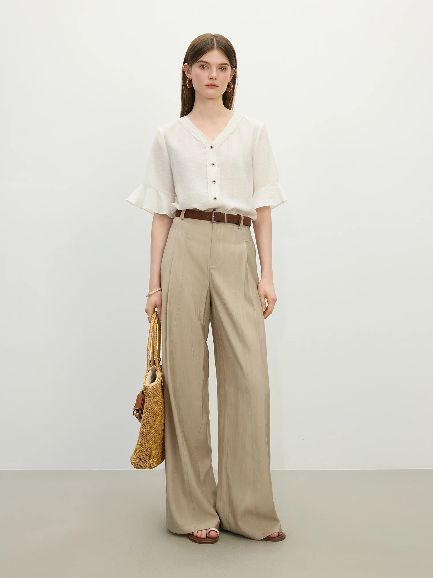 FSLE فضفاض متعدد الاستخدامات ثنى سراويل تقليدية النساء 2025 صيف جديد عالية الخصر ركاب السراويل المستقيمة 25FS12499 #3