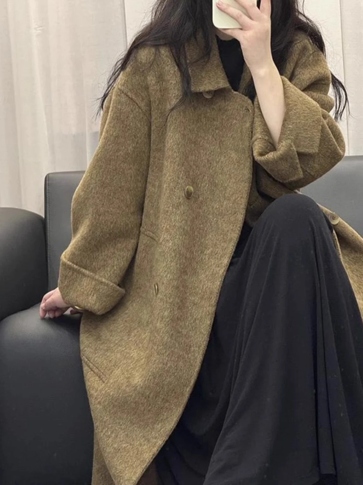 

Корейское шерстяное пальто выше колена для женщин: модное, свободное, стройнящее, зимнее, новинка, прямой крой, для повседневной носки