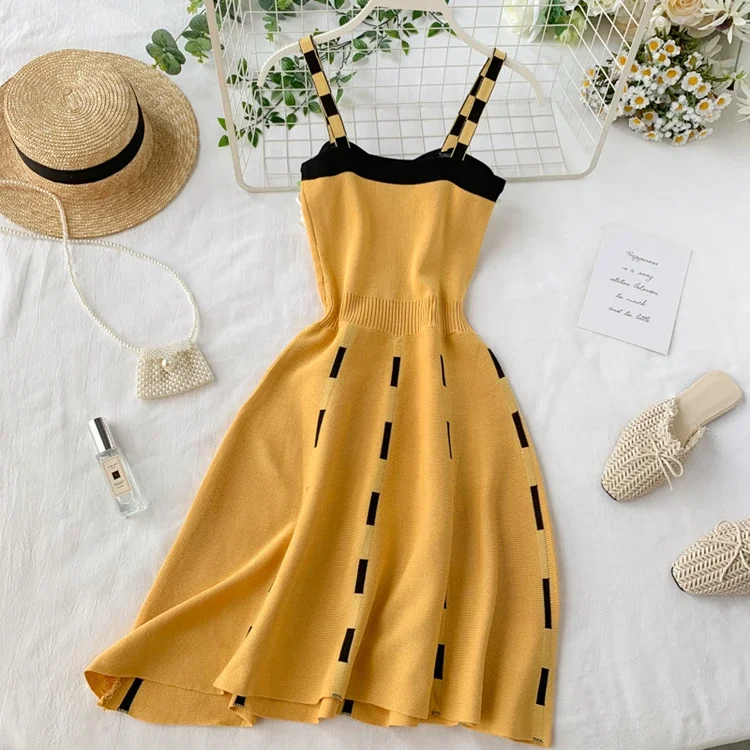 Knitted Contrast color Sexy V Neck Spaghetti Strap Summer Mini Dress Women Casual Party Yellow Black Sweater Dresses